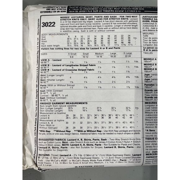 80s McCalls 3022 Sewing Pattern Size XL Misses Leotards Skirts Pant & Sash UNCUT - Picture 6 of 7